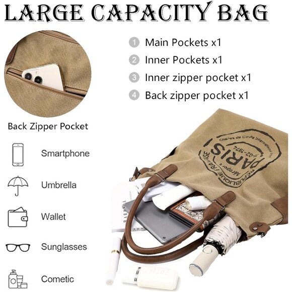 Large Canvas Tote Bag for Women Black Zipper Spacious Crossbody Handbag - Picture 4 of 6